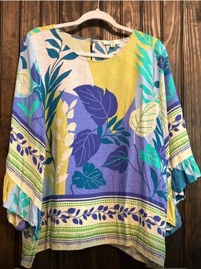 easel Multicolor Botanical Print Tunic - Blue, Purple, Yellow, Green, Cream